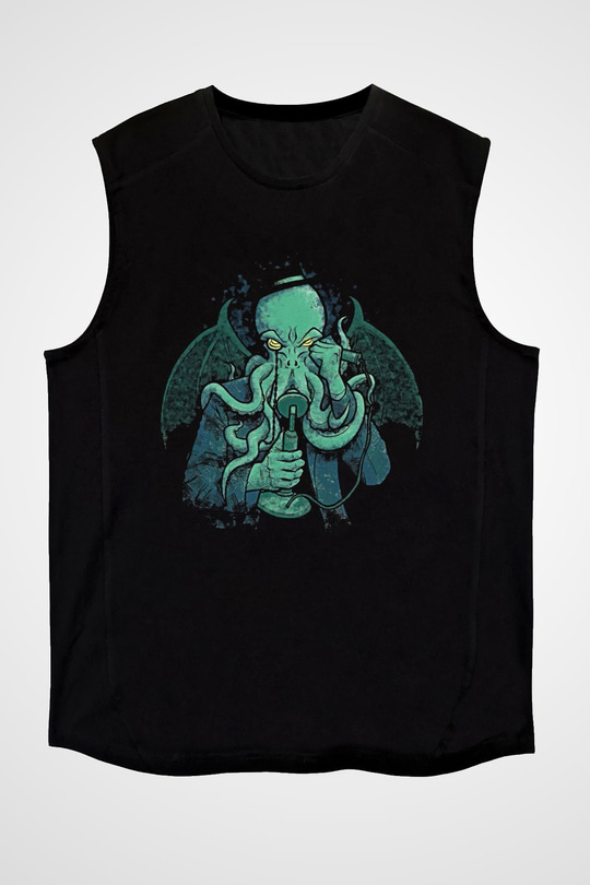 Call Of Ctulhu Baskılı Unisex Siyah Kolsuz Tişört - Tshirt