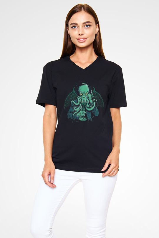 Call Of Ctulhu Baskılı Unisex Siyah V Yaka Tişört - Tshirt