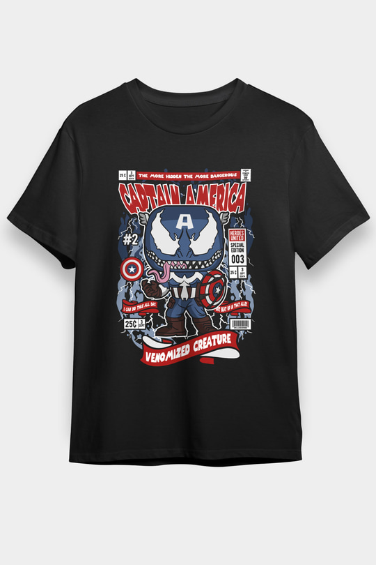 Captain Amerika Baskılı Unisex Siyah Tişört