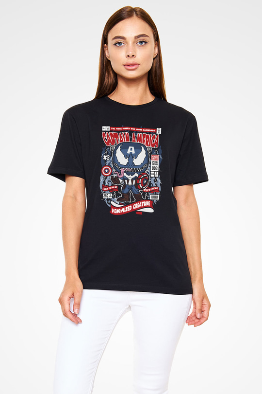 Captain Amerika Baskılı Unisex Siyah Tişört