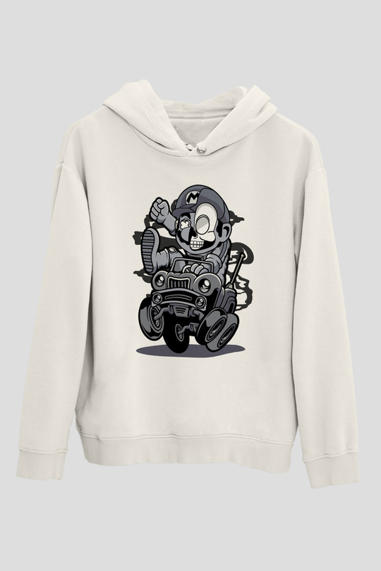 Car Racer Mario Baskılı Unisex Beyaz Hoodie