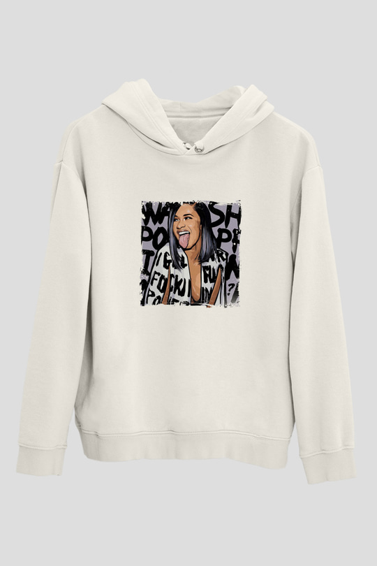Cardi B Baskılı Unisex Beyaz Kapüşonlu Sweatshirt