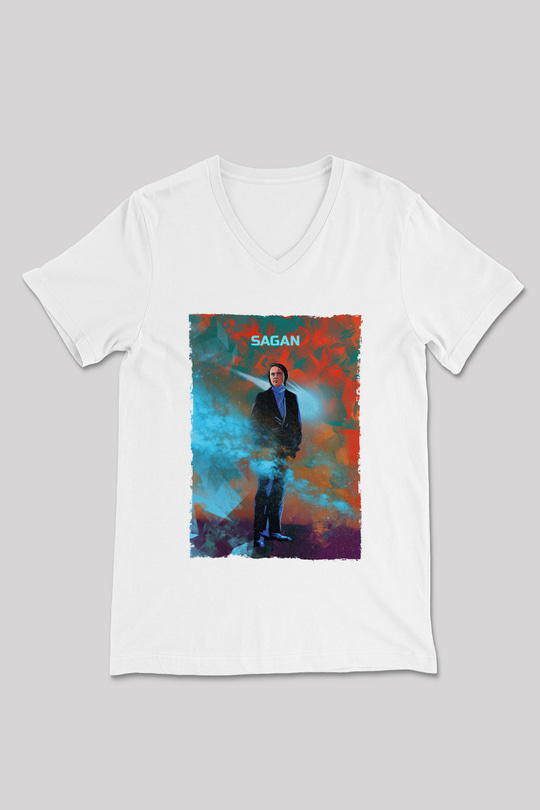 Carl Sagan Baskılı Unisex V Yaka Beyaz Tişört - Tshirt