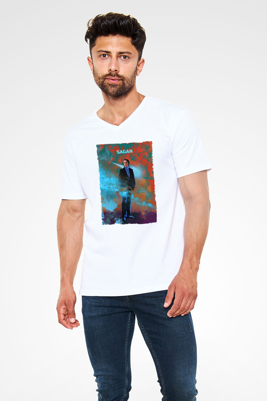 Carl Sagan Baskılı Unisex V Yaka Beyaz Tişört - Tshirt
