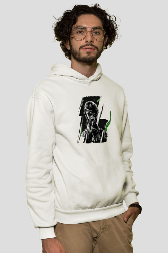 Caveira Baskılı Beyaz Unisex Kapüşonlu Sweatshirt