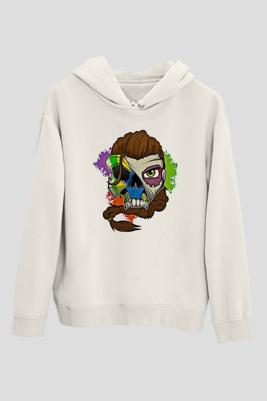 Caveira Baskılı Beyaz Unisex Kapüşonlu Sweatshirt