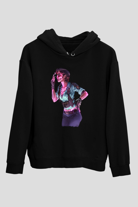 Caveira Baskılı Unisex Siyah Kapüşonlu Sweatshirt