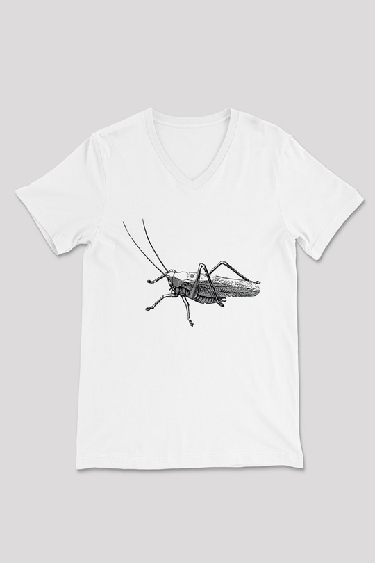 Çekirge Baskılı Beyaz Unisex V Yaka Tişört - Tshirt