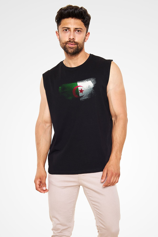 Cezayir - Algeria Bayrağı Baskılı Unisex Siyah Kolsuz Tişört