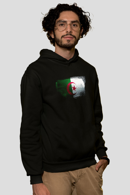 Cezayir - Algeria Bayrağı Baskılı Unisex Siyah Hoodie