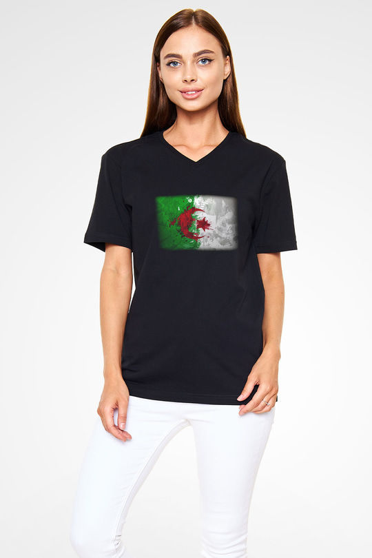 Cezayir Siyah Unisex V Yaka Tişört T-Shirt