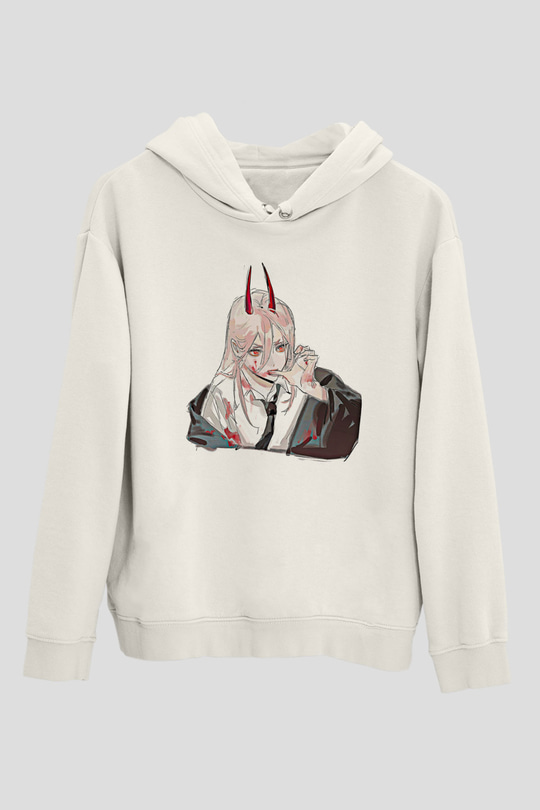 Chainsaw Man Baskılı Beyaz Unisex Hoodie