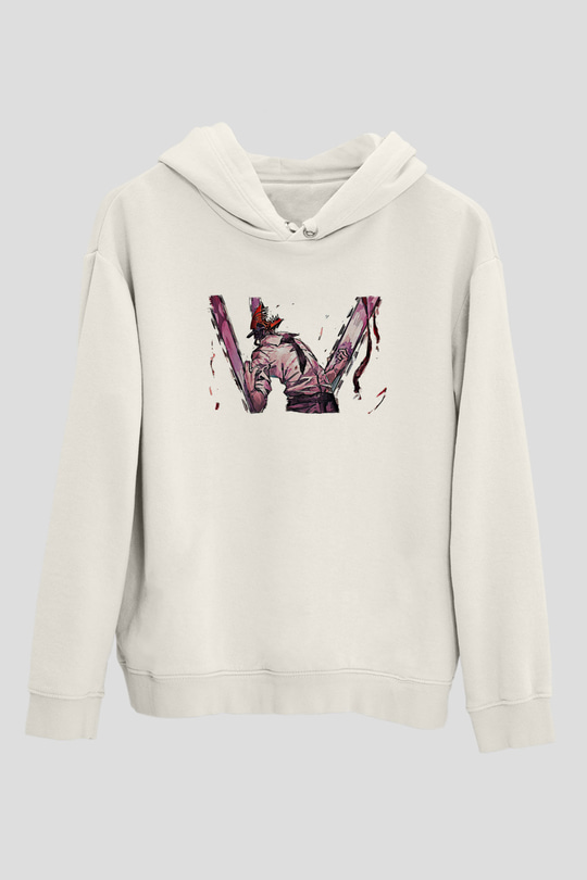 Chainsaw Man Baskılı Beyaz Unisex Hoodie