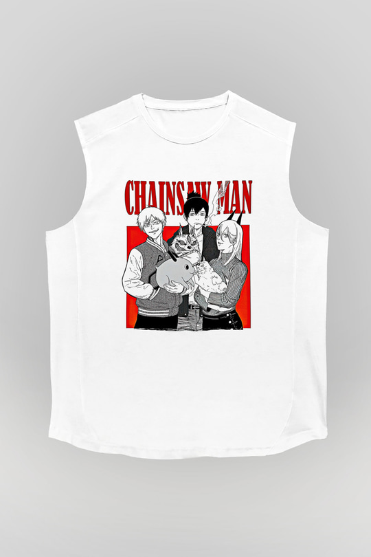 Chainsaw Man Baskılı Beyaz Unisex Kolsuz Tişört - Tshirt
