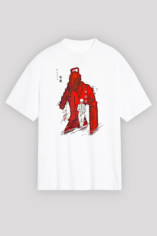Chainsaw Man Baskılı Beyaz Unisex Oversize Tişört - Tshirt