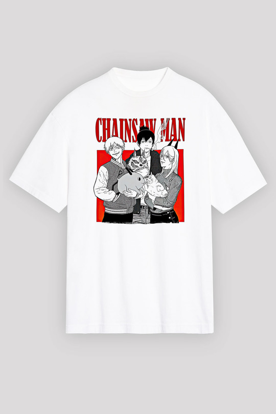Chainsaw Man Baskılı Beyaz Unisex Oversize Tişört - Tshirt