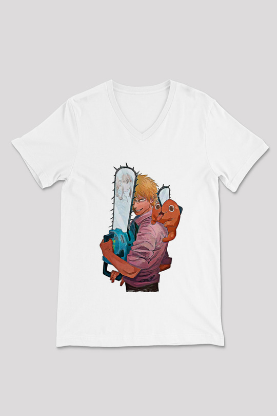 Chainsaw Man Baskılı Beyaz Unisex V Yaka Tişört - Tshirt