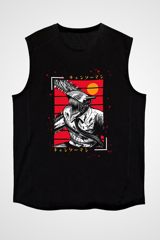 Chainsaw Man Baskılı Unisex Siyah Kolsuz Tişört - Tshirt