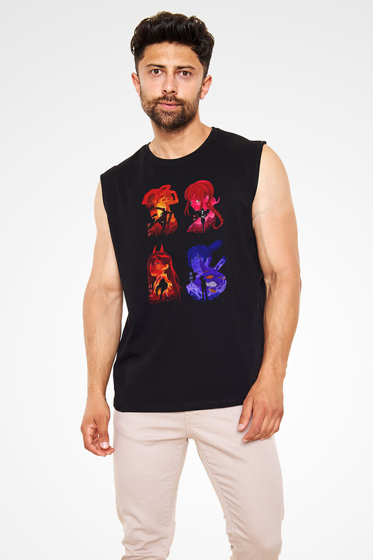Chainsaw Man Baskılı Unisex Siyah Kolsuz Tişört - Tshirt