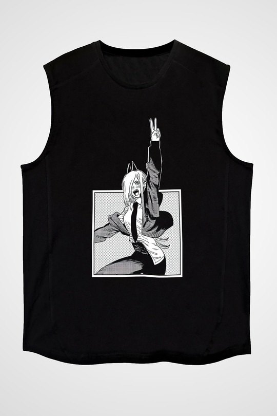 Chainsaw Man Baskılı Unisex Siyah Kolsuz Tişört - Tshirt