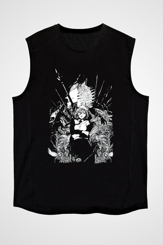 Chainsaw Man Baskılı Unisex Siyah Kolsuz Tişört - Tshirt