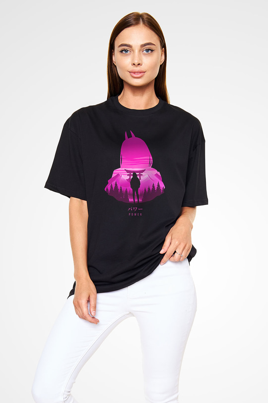 Chainsaw Man Baskılı Unisex Siyah Oversize Tişört - Tshirt