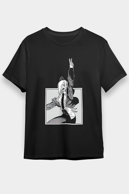Chainsaw Man Baskılı Unisex Siyah Tişört - Tshirt