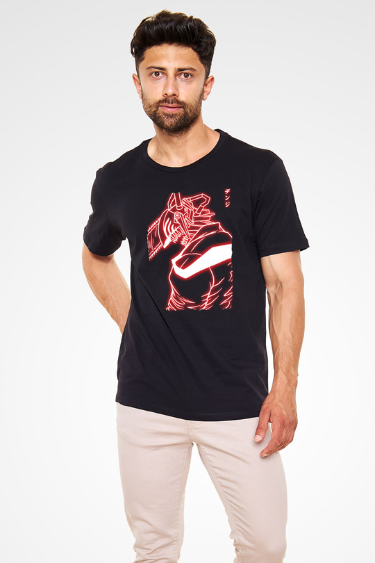 Chainsaw Man Baskılı Unisex Siyah Tişört - Tshirt