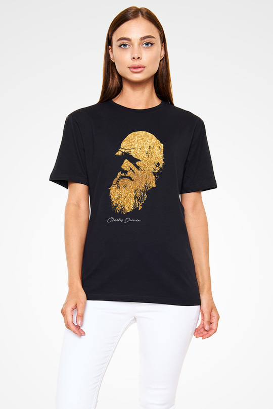 Charles Darwin Baskılı Unisex Siyah Tişört - Tshirt