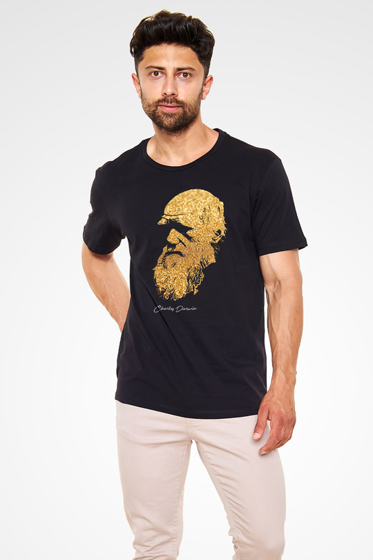 Charles Darwin Baskılı Unisex Siyah Tişört - Tshirt
