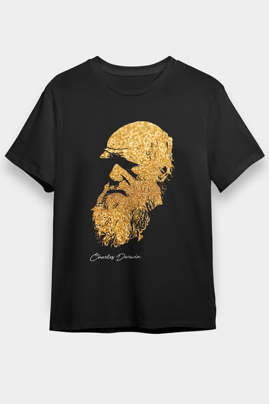 Charles Darwin Baskılı Unisex Siyah Tişört - Tshirt