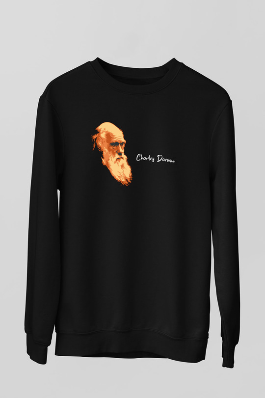 Charles Darwin Görseli Baskılı Unisex Siyah Sweatshirt