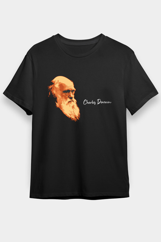 Charles Darwin Görseli Baskılı Unisex Siyah Tişört
