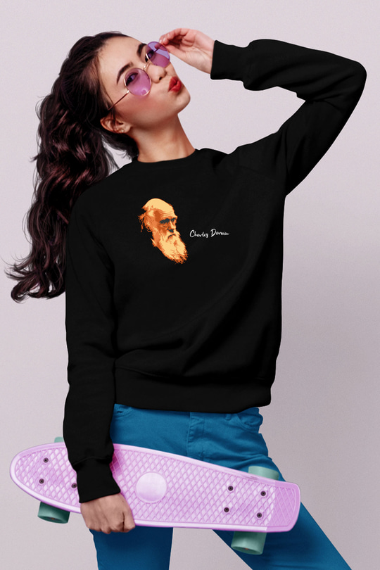 Charles Darwin Görseli Baskılı Unisex Siyah Sweatshirt