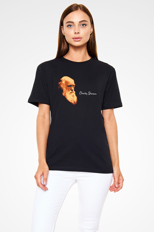Charles Darwin Görseli Baskılı Unisex Siyah Tişört