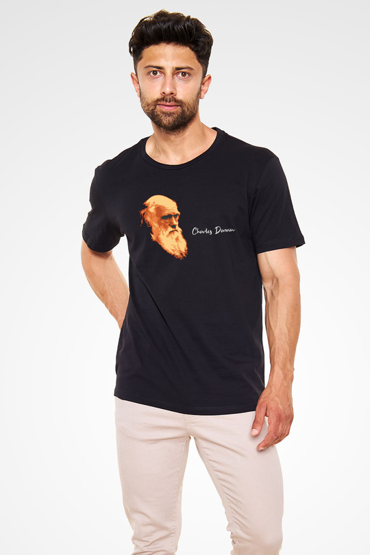 Charles Darwin Görseli Baskılı Unisex Siyah Tişört