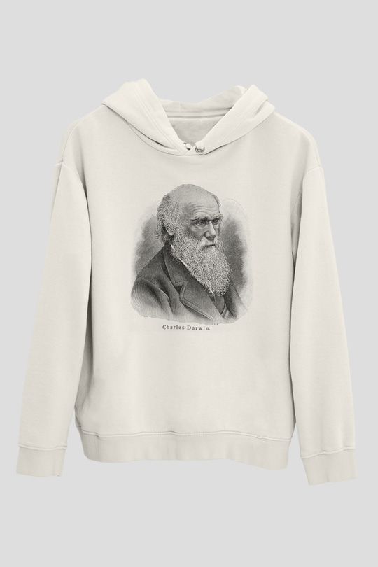 Charles Darwin Portre Baskılı Unisex Beyaz Hoodie