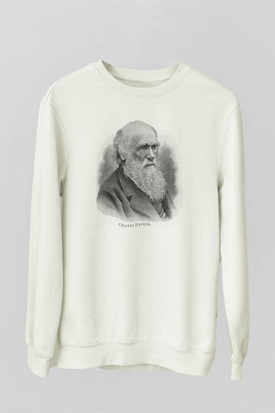 Charles Darwin Portre Baskılı Unisex Beyaz Sweatshirt