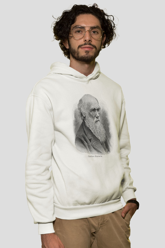 Charles Darwin Portre Baskılı Unisex Beyaz Hoodie