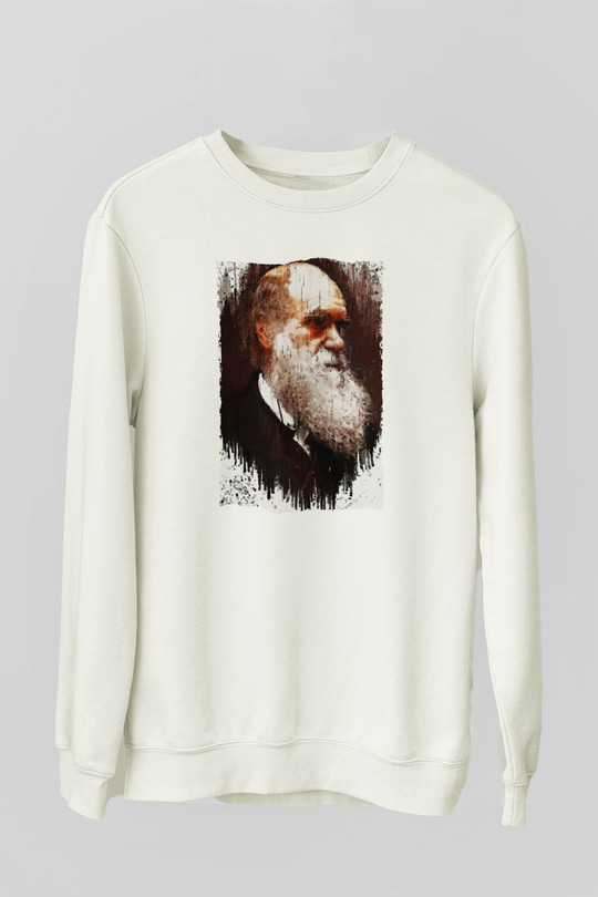 Charles Darwin Portre Baskılı Unisex Ekru Sweatshirt