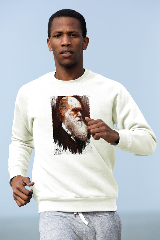 Charles Darwin Portre Baskılı Unisex Ekru Sweatshirt