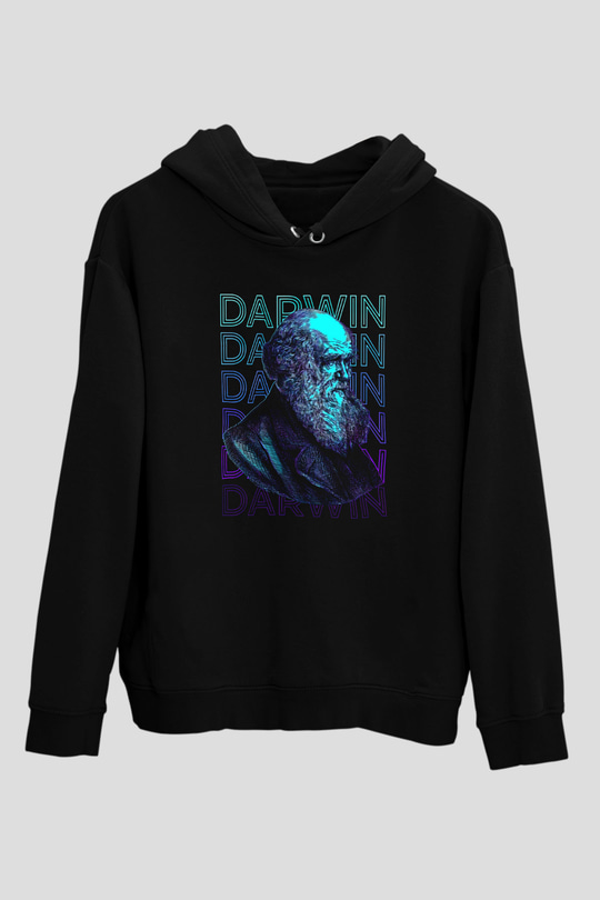 Charles Darwin Portre Baskılı Unisex Siyah Hoodie