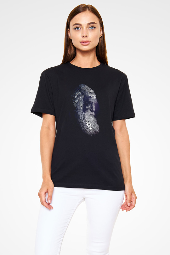 Charles Darwin Sanatsal Portre Baskılı Unisex Siyah Tişört