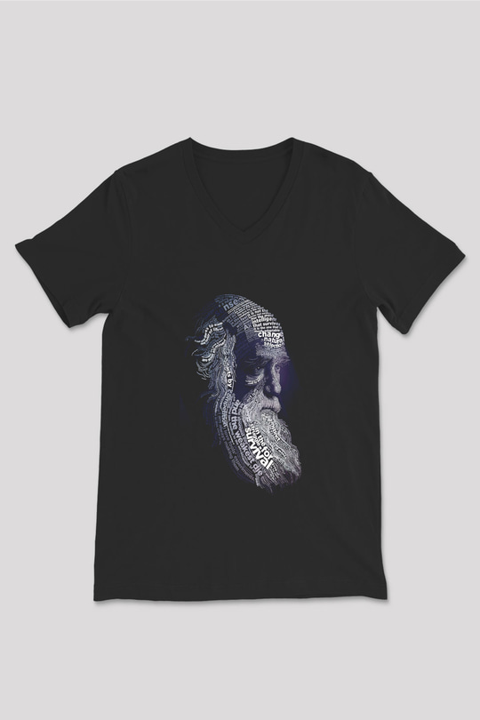 Charles Darwin Sanatsal Portre Baskılı Unisex Siyah V Yaka Tişört