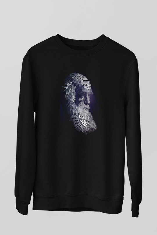 Charles Darwin Sanatsal Portre Baskılı Unisex Siyah Sweatshirt
