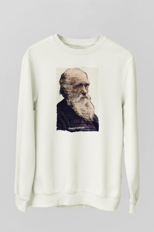 Charles Darwin Yazılı Portre Baskılı Unisex Ekru Sweatshirt