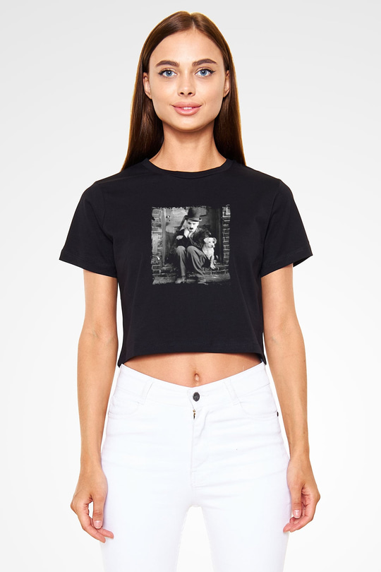Charlie Chaplin Baskılı Siyah Kadın Crop Top Tişört