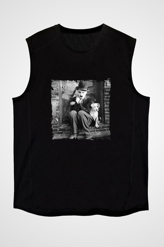 Charlie Chaplin Baskılı Unisex Siyah Kolsuz Tişört