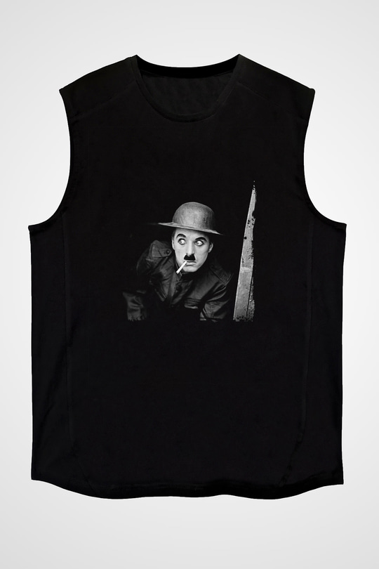 Charlie Chaplin Baskılı Unisex Siyah Kolsuz Tişört