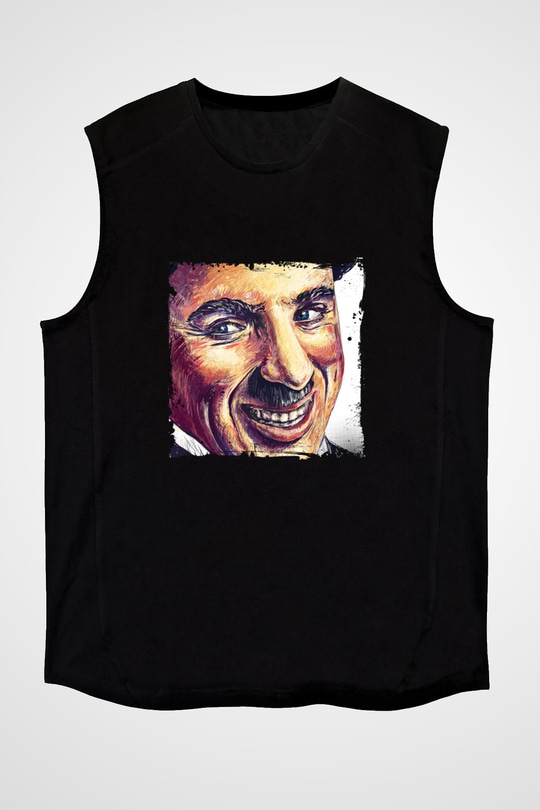 Charlie Chaplin Baskılı Unisex Siyah Kolsuz Tişört